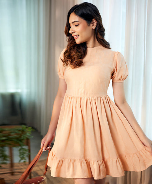 Cotton Puff Sleeve Ruffle Hem Flare Dress